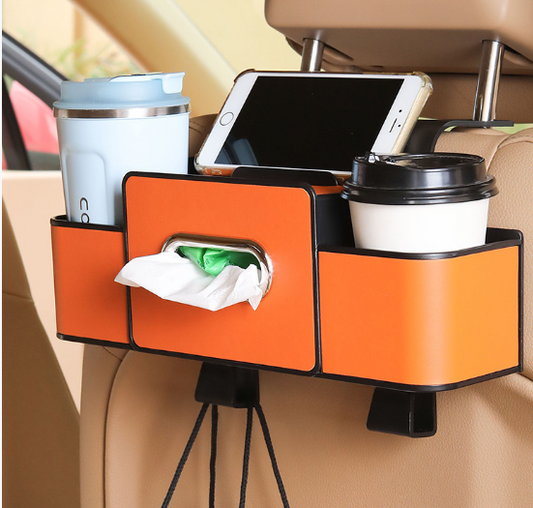 Multifunctional Car Seat Back Storage Box with Tissue Holder 2 Cup Holders & Bags Hooks Non-Woven Car Organizer for Tidy Backseat