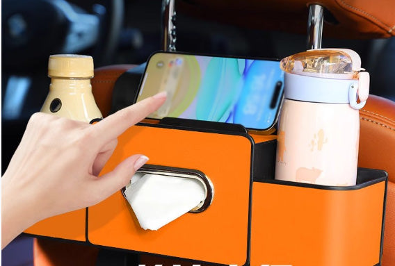 Multifunctional Car Seat Back Storage Box with Tissue Holder 2 Cup Holders & Bags Hooks Non-Woven Car Organizer for Tidy Backseat