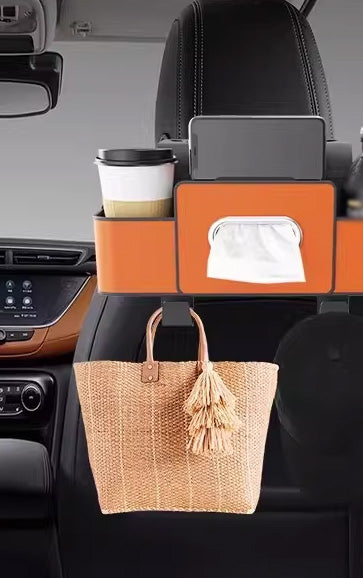 Multifunctional Car Seat Back Storage Box with Tissue Holder 2 Cup Holders & Bags Hooks Non-Woven Car Organizer for Tidy Backseat