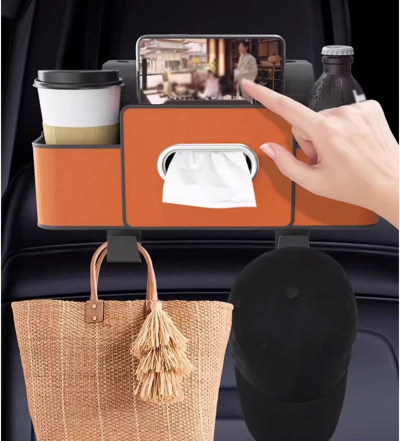 Multifunctional Car Seat Back Storage Box with Tissue Holder 2 Cup Holders & Bags Hooks Non-Woven Car Organizer for Tidy Backseat